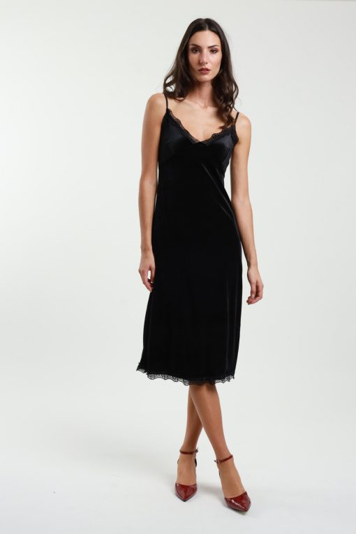 Susy Mix Velvet Dress with Lace NERO